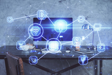 Computer on desktop with social network theme icon. Multi exposure. Concept of international connections.