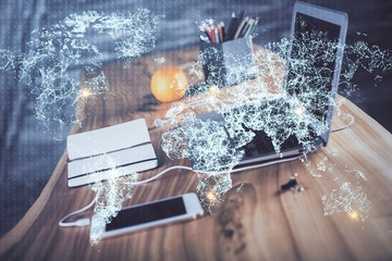 Computer on desktop with social network theme icon. Multi exposure. Concept of international connections.