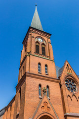 Fototapeta na wymiar Tower of the historic Marienkirche church in Flensburg, Germany