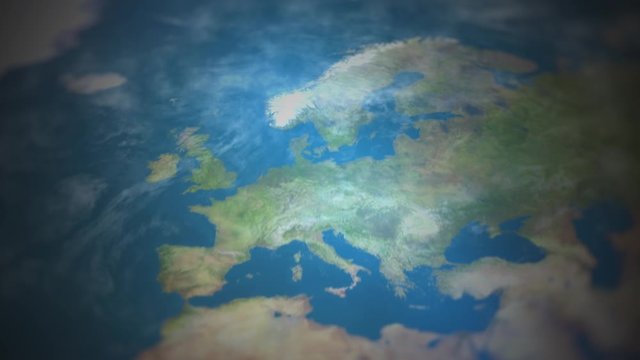View of the world map with the camera flying over and focusing on Northern Europe. Elements of this video are furnished by NASA.