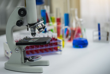 Science Concept. Laboratory Research and Development. Scientific glassware for chemical experiment.