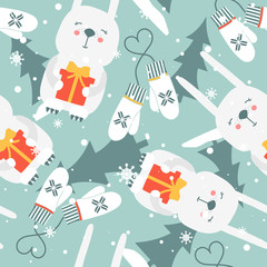 Colorful background with rabbits, fir trees, gifts, mittens, snow. Decorative cute backdrop vector. Happy New Year, seamless pattern with animals. Winter time