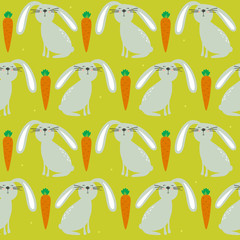 Rabbits with carrots, hand drawn backdrop. Colorful seamless pattern with animals, food. Decorative cute wallpaper, good for printing. Overlapping colored background vector