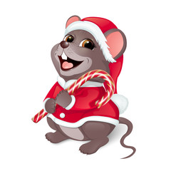 Merry Christmas Greetings. Merry mouse in a red Santa costume. In the paws holds a candy cane. The symbol of the New Year on the Chinese calendar. Isolated on a white background. Vector.