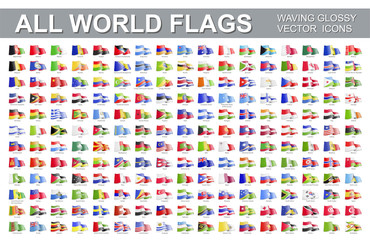 All world flags - vector set of waving icons. Flags of all countries and continents