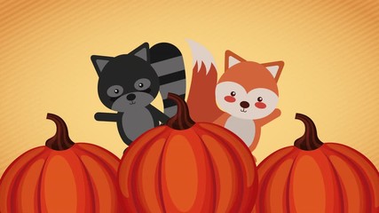 happy thanksgiving celebration with raccoon and fox