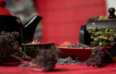 Herbal tea with lavender. Dried lavender flowers for tea. A mixture of herbs for tea.