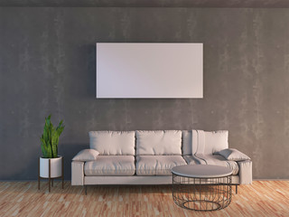 3d rendering of interior design with white sofa and mock up canvas