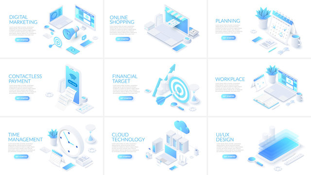 Isometric 3d illustrations set. Online shopping, planning, cloud technology and digital marketing with characters.