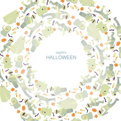 Fototapeta premium Vector Halloween party invitation or greeting card template. Traditional symbols. Creative frame, circle of flying ghosts, mummies, candles, bats and pumpkins. Afterlife dances