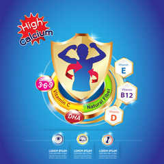 Calcium and Omega 3 and  Vitamin Vector Logo for Kids products.