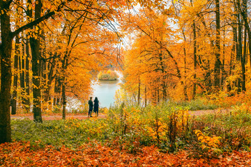 Fall season in forest. Unrecognizable couple walking together in the autumn park