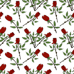 Seamless pattern with red roses on a white background. Vector botanical pattern with flowers.