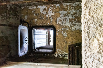 Abandoned autoclave n the ruined hospital buildings at Ellis Island,