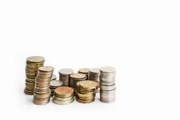 Columns of coins of Russian rubles on a white background. Outdated Russian currency. Double-headed eagle on the back of coins. Copy