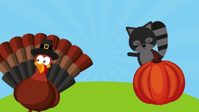 happy thanksgiving celebration with turkey and raccoon