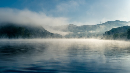 Morning mist rising off a lake in Korea