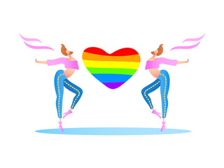 Fototapeta premium Vector colorful illustration, trendy gay men on heels with a rainbow heart. Flat cartoon style, isolated. Applicable for LGBT (LGBTQ), transgender rights concepts etc.