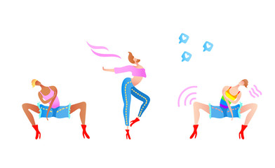 Vector colorful illustration, trendy gay men on heels set. Flat cartoon style, isolated. Different ethnicity. Applicable for LGBT (LGBTQ), transgender rights concepts etc.