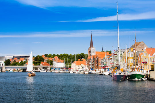  sailingboats at the port of Sonderborg, Sonderborg, Denmark, Europe