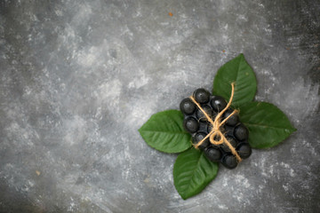 Black charcoal volcanic soap and herbal leaves on grey background. Put your text.