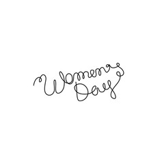 Women's Day inscription continuous line drawing, greeting card, hand lettering small tattoo, print for clothes, emblem or logo design, one single line on a white background, isolated vector.