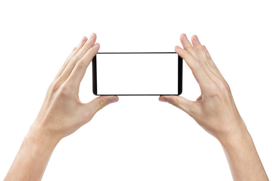 Two hands holding a black smartphone, isolated on white background