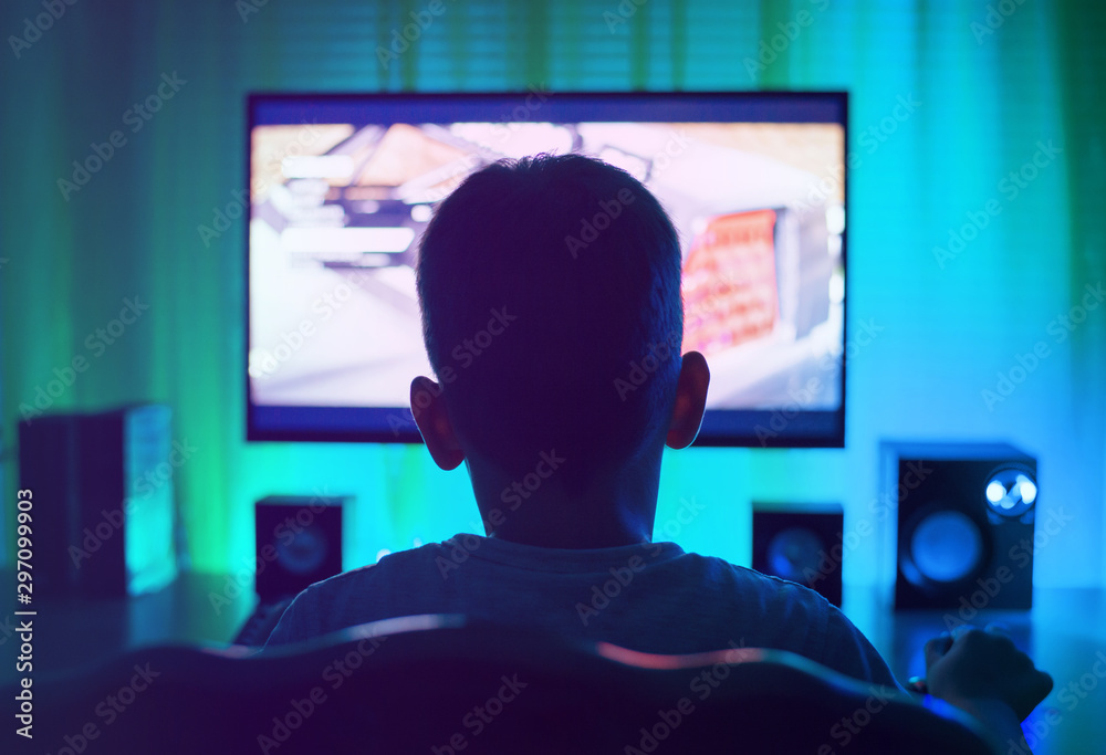 Poster Boy as anonymous, using a computer or playing a game. View from back.