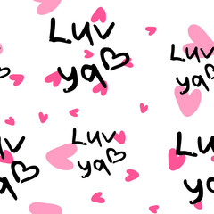 Pink hearts cute trendy seamless pattern with texture and hand drawn black 