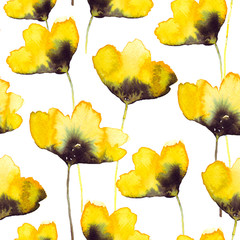 Beautiful watercolor hand painted seamless pattern of yellow flowers.  Fabric wallpaper print texture. Aquarelle wildflower for background, texture, wrapper pattern, frame or border.