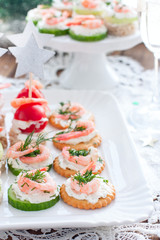 Assorted canapes with shrimps - with fresh cucumbers, cherry tomatoes, bread, crackers on the festive table, selective focus