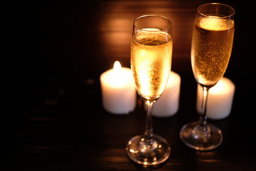 glasses of champagne on table in restaurant