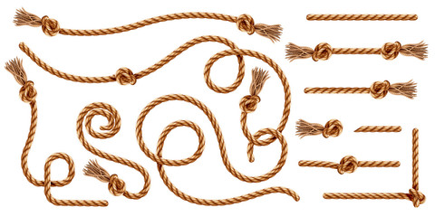 Set of isolated knotted ropes with tassels or realistic cords with brush and knot. Nautical 3d thread or realistic hemp whipcord with loops and noose. Twisted and braided, folded, spiral fiber. - obrazy, fototapety, plakaty
