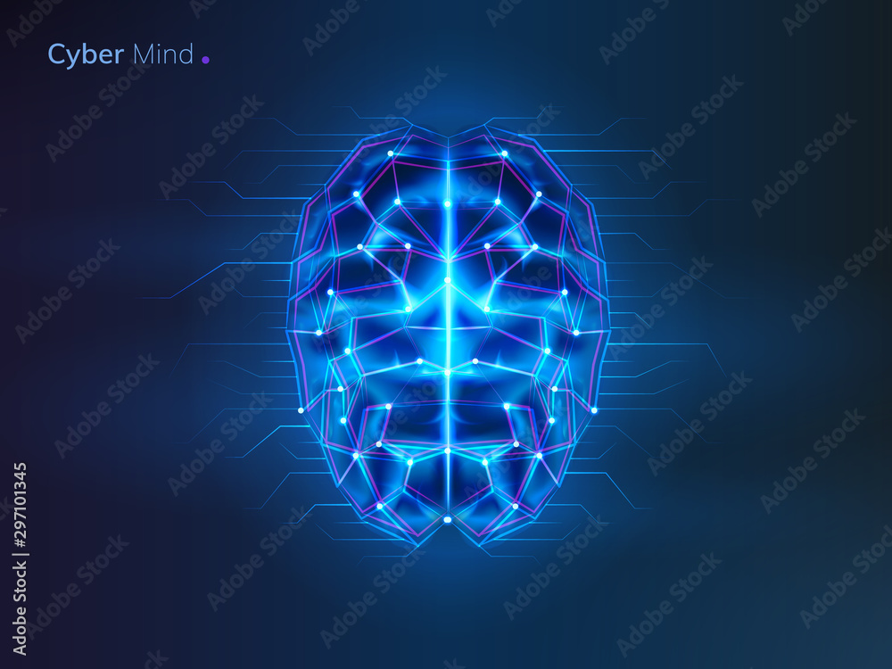 Poster Glowing brain with connection lines. Neural network or machine learning background. AI or artificial intelligence, cyber mind logo. Bionic human cyberbrain. Future technology concept. Robot thinks