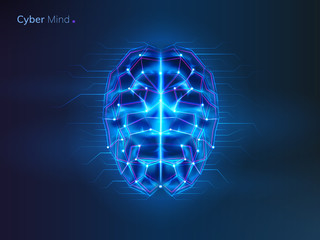 Glowing brain with connection lines. Neural network or machine learning background. AI or artificial intelligence, cyber mind logo. Bionic human cyberbrain. Future technology concept. Robot thinks