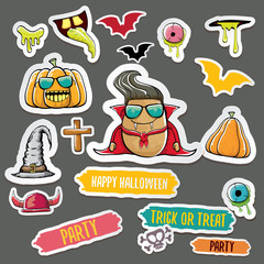 Vector halloween sticker icons set with dracula, witch hat, scary pumpkin, bat , skull, happy halloween text, demon and zombie eyes, wooden cemetry cross, monsters isolated on grey background.