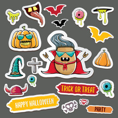 Vector halloween sticker icons set with dracula, witch hat, scary pumpkin, bat , skull, happy halloween text, demon and zombie eyes, wooden cemetry cross, monsters isolated on grey background.