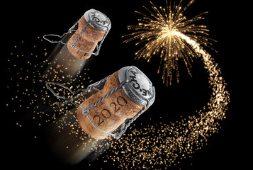 2020 - New year composition with champagne corks and fireworks - 3D illustration
