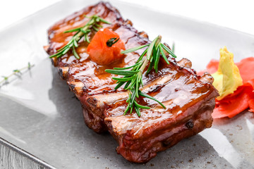 Grilled Barbecued Pork Baby Back Ribs, close up