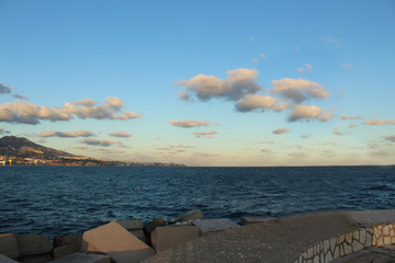 Views of the Fuengirola dike in the harbor at sunset