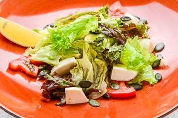 Salad with tomatoes, olives, mozzarella and basil