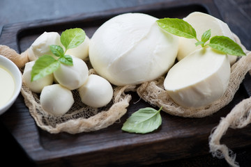 Close-up of various types of mozzarella cheese with fresh green basil on a black wooden serving tray - obrazy, fototapety, plakaty
