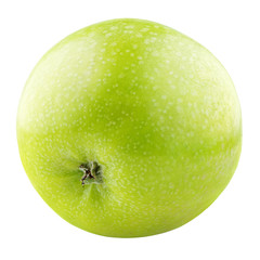 Single ripe green apple fruit isolated on white background. Granny smith apple with clipping path. Full Depth of Field