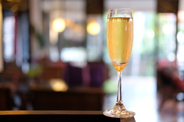 glasses of champagne on table in restaurant