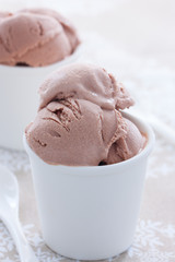Homemade chocolate ice cream made from sour cream and condensed milk in white cups, selective focus