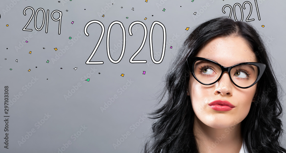 Poster 2020 with young businesswoman in a thoughtful face