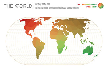 World map with vibrant triangles. Herbert Hufnage's pseudocylindrical equal-area projection of the world. Red Yellow Green colored polygons. Trending vector illustration.