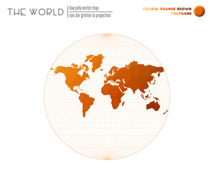 Low poly world map. Van der Grinten III projection of the world. Yellow Orange Brown colored polygons. Creative vector illustration.