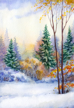 Watercolor landscape. Winter in the forest