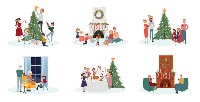 Celebratory scenes with people of different ages preparing for the holiday, decorate the Christmas tree, sit by the fireplace, gala dinner, give and unpack gifts.